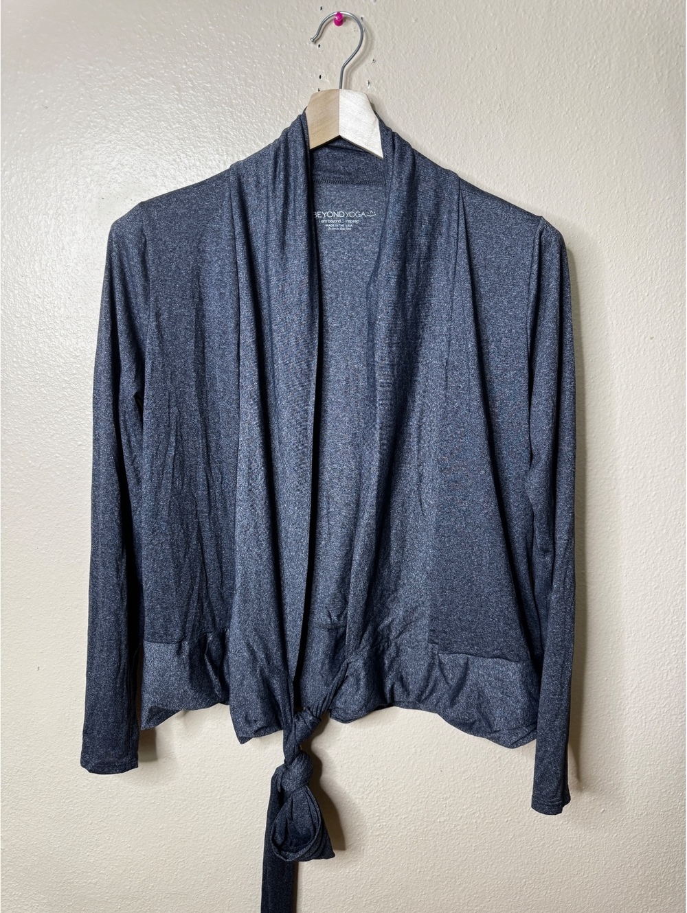 Beyond Yoga Womens M Gray Tie Front Wrap Cardigan Ruffle Hem Made USA